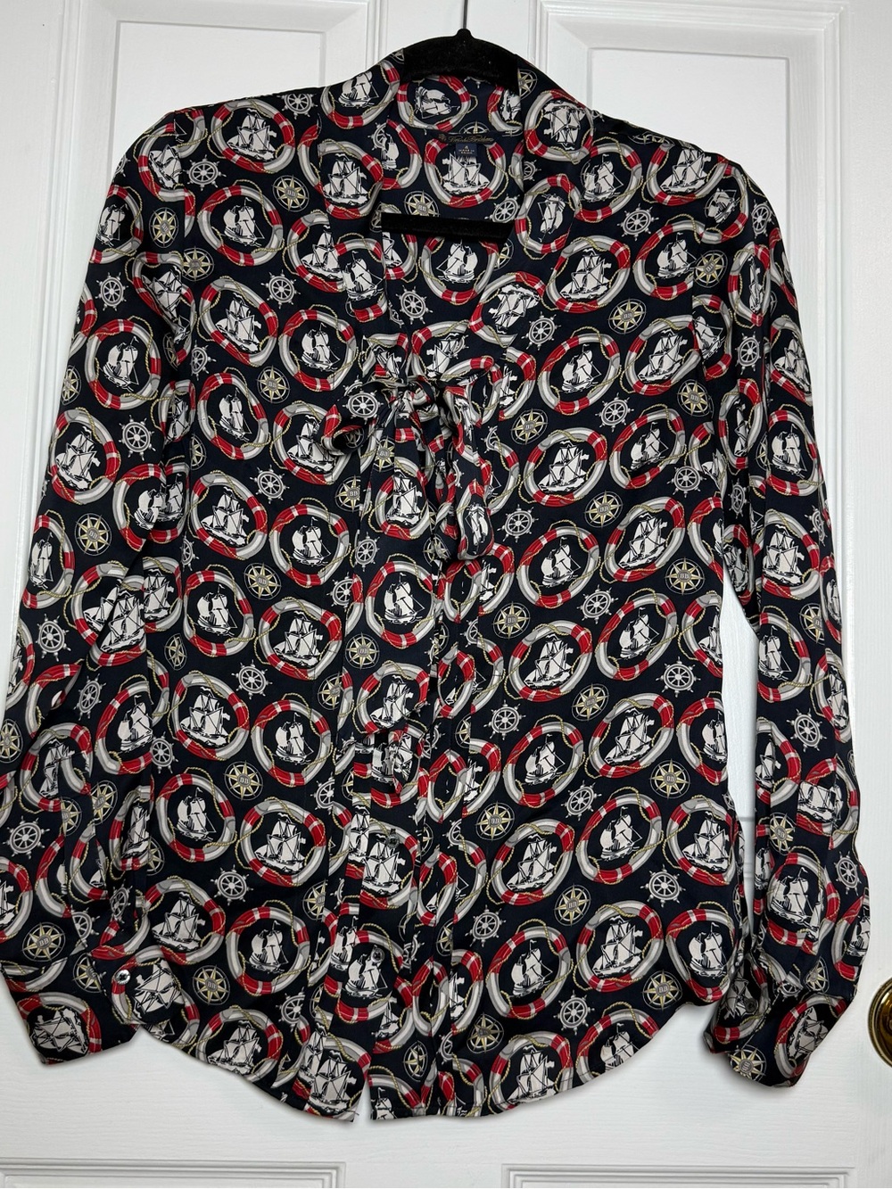Brooks Brothers 100% Silk Navy Nautical Print Tie-Neck Blouse
